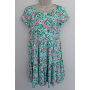 Lilly Pulitzer Dress XS Pink Green Cockatoo Tiered Shift Pullover Pockets Geanna